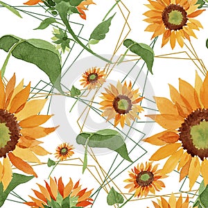 Watercolor orange sunflower flower. Floral botanical flower. Seamless background pattern.