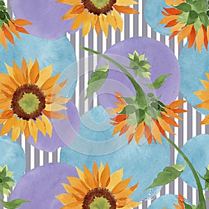 Watercolor orange sunflower flower. Floral botanical flower. Seamless background pattern.