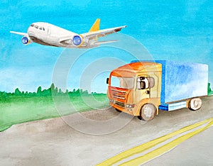 Watercolor orange truck carries cargo on an asphalt road against the background of the daytime summer landscape for logistics