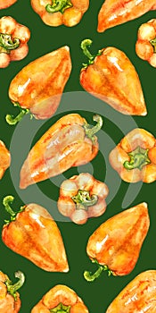 Watercolor orange yellow sweet bell Bulgarian pepper vegetable seamless pattern texture background