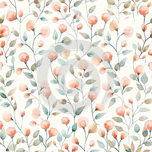 Watercolor orbs and leaves in radiant red and orangeade colors form a seamless pattern, invoking the whimsy of desert