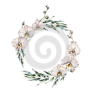 Watercolor orchid and eucalyptus wreath. Hand painted tropical flowers, branches and leaves isolated on white background