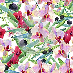 Watercolor orchid flowers and leaves. Floral composition.