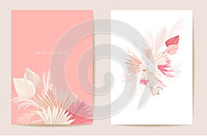 Watercolor orchid, pampas grass, lunaria floral wedding card. Vector exotic flower, tropical palm leaves invitation