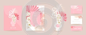 Watercolor orchid, pampas grass, lunaria floral wedding card. Vector exotic flower, tropical palm leaves invitation