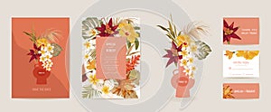 Watercolor orchid, tropical flowers, palm leaves floral wedding card. Vector exotic tropic flower invitation