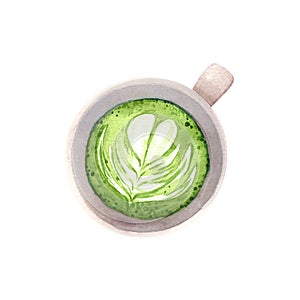 Watercolor organic green Japanese matcha latte one top view. Hand drawn illustration, isolated on white background