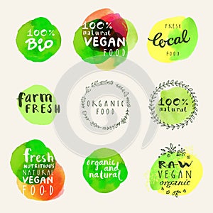 Watercolor organic labels collection. Retro style set of 100% bi
