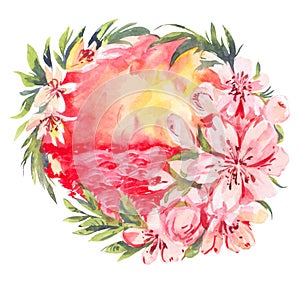 Watercolor oriental round illustration. Sakura and sunset. Pink emblem, little illustration in japanese or chinese style