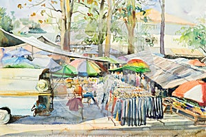 Watercolor original landscape painting of locals market in rural scene photo