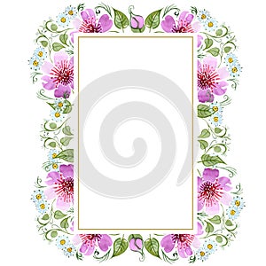 Watercolor ornamet of pink flower. Floral botanical flower. Frame border ornament square.