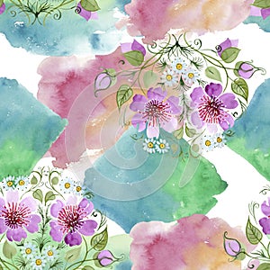 Watercolor ornamet of pink flower. Floral botanical flower. Seamless background pattern.