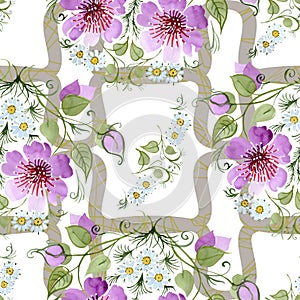 Watercolor ornamet of pink flower. Floral botanical flower. Seamless background pattern.