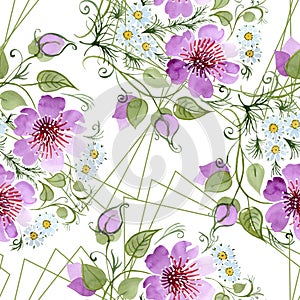 Watercolor ornamet of pink flower. Floral botanical flower. Seamless background pattern.