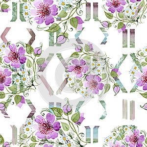 Watercolor ornamet of pink flower. Floral botanical flower. Seamless background pattern.