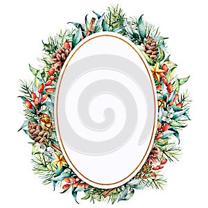 Watercolor oval floral frame with winter plants and golden decor. Hand painted eucalyptus and fir branches, cones, stars