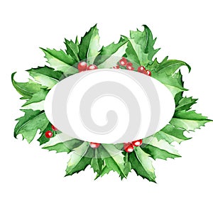 Watercolor oval frame made of Christmas leaves and holly berries. christmas clipart, frame for congratulations, postcards. new yea