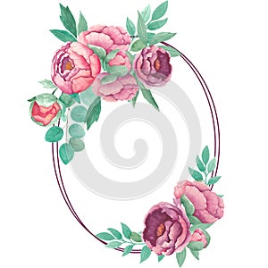 Watercolor oval frame peony flowers, leaves branches of eucalypt isolated on white background. Hand drawn. Arrangement