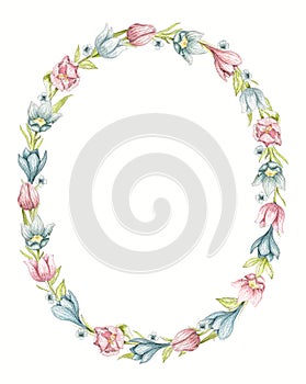 Watercolor oval frame with spring blue and pink flowers