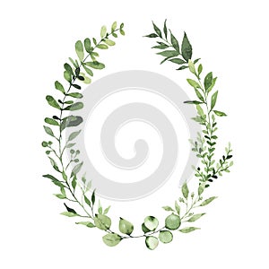 Watercolor oval wreath with greenery leaves branch twig plant herb flora isolated