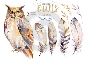 Watercolor owl with flowers and feather. Hand drawn isolated owls illustration with bird in boho style. Nursery