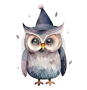 Watercolor owl with party hat illustration isolated on white background