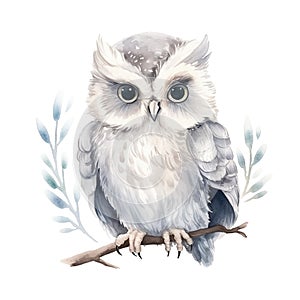 Watercolor owl perched on a branch, surrounded by foliage, isolated on white background