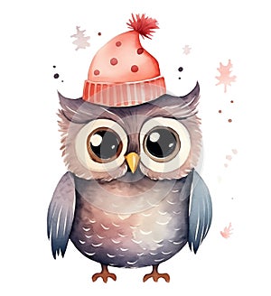 Watercolor owl in a red beanie isolated on white background