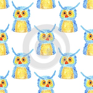 Watercolor owl seamless pattern on a white background. blue owl inspired by children`s fairy tales