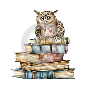 Watercolor Owl on Stack of Vintage Books photo