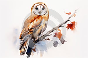 Watercolor of an owl on a white background created with generative AI technology