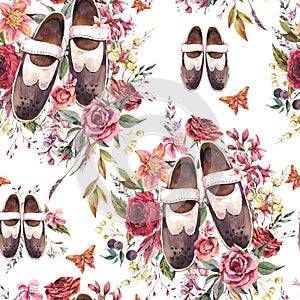 Watercolor oxford shoes vintge seamless pattern, floral dark academia texture