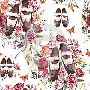 Watercolor oxford shoes vintge seamless pattern, floral dark academia texture photo