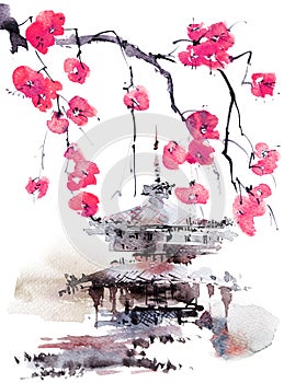 Watercolor pagoda and blossom tree