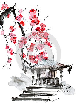 Watercolor pagoda and blossom tree