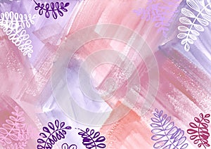 Watercolor paint abstract Background with floral elements. White, beige, orange and violet Watercolour spot texture