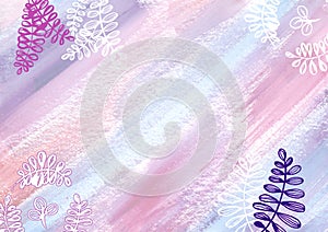 Watercolor paint abstract Background with floral elements. White, blue, pink, beige and violet Watercolour spot texture