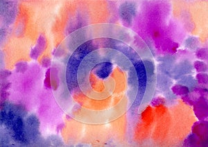 Watercolor paint abstract multicolored background. Orange, red and purple Spots and splashes Blobs texture. Backdrop of