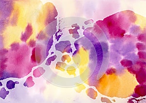 Watercolor paint abstract multicolored background. yellow, orange and purple Spots and splashes texture. Two dark Drops