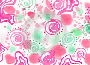 Watercolor paint abstract on white Background of Splot and Splash. Pink, green and red Spot, spiral and Blop texture