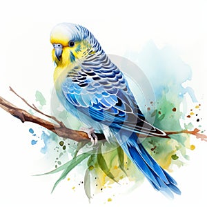 Watercolor paint beautiful budgie budgerigar parrot bird sits on a branch. Hand Drawn Summer Tropical Illustration