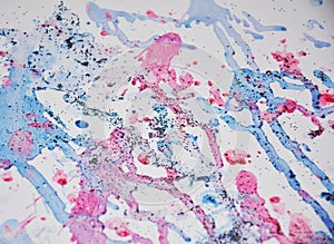 Watercolor paint blue pink vivid forms and sparkling lights, abstract background