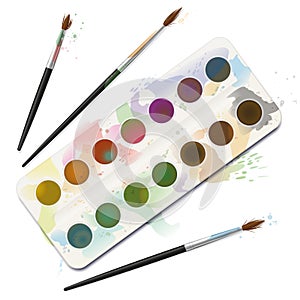Watercolor Paint Box Used Spotted Blotchy Paintbrushes Dirty photo