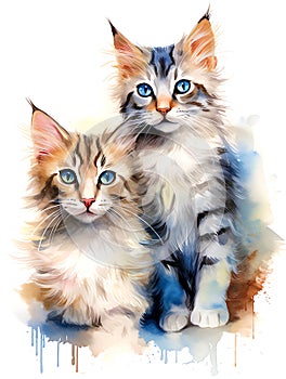 Watercolor Paint of a couple cats, isolated in white background