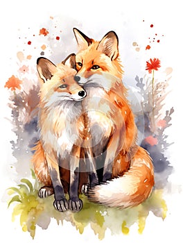 Watercolor Paint of a couple foxes, isolated in white background