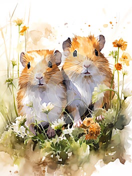 Watercolor Paint of a couple guinea pigs in grass scene