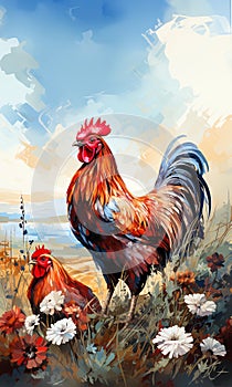 Watercolor Paint of a couple rooster, in landscape scene