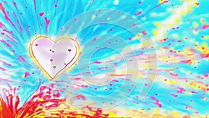 Watercolor paint flooded explosion of colors hearts. In the center a yellow heart. Heart as a symbol of affection and love