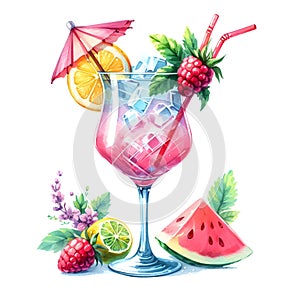 watercolor paint glass with summer coctail with tropic fruits for vacation card decor