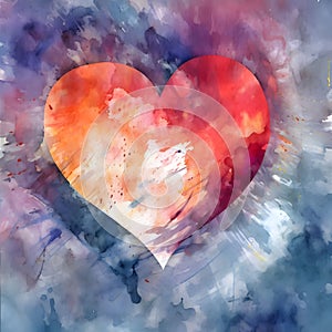 Watercolor paint, painted red, orange heart around blue colors. Heart as a symbol of affection and